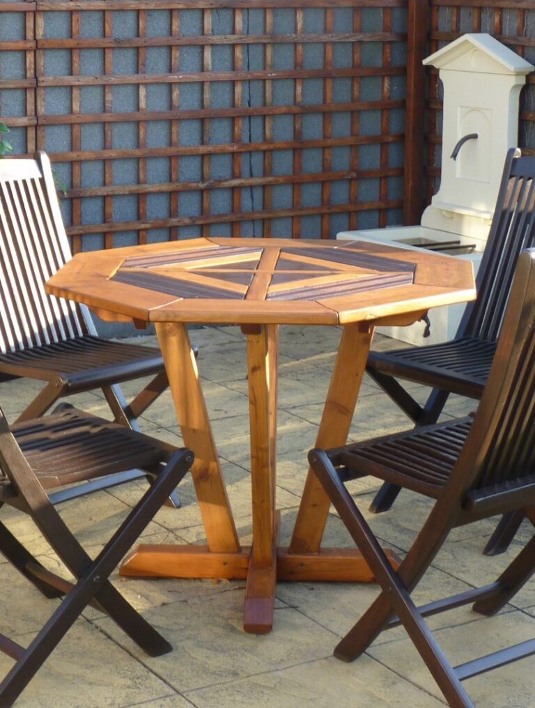 home-made octagonal garden table with angled legs